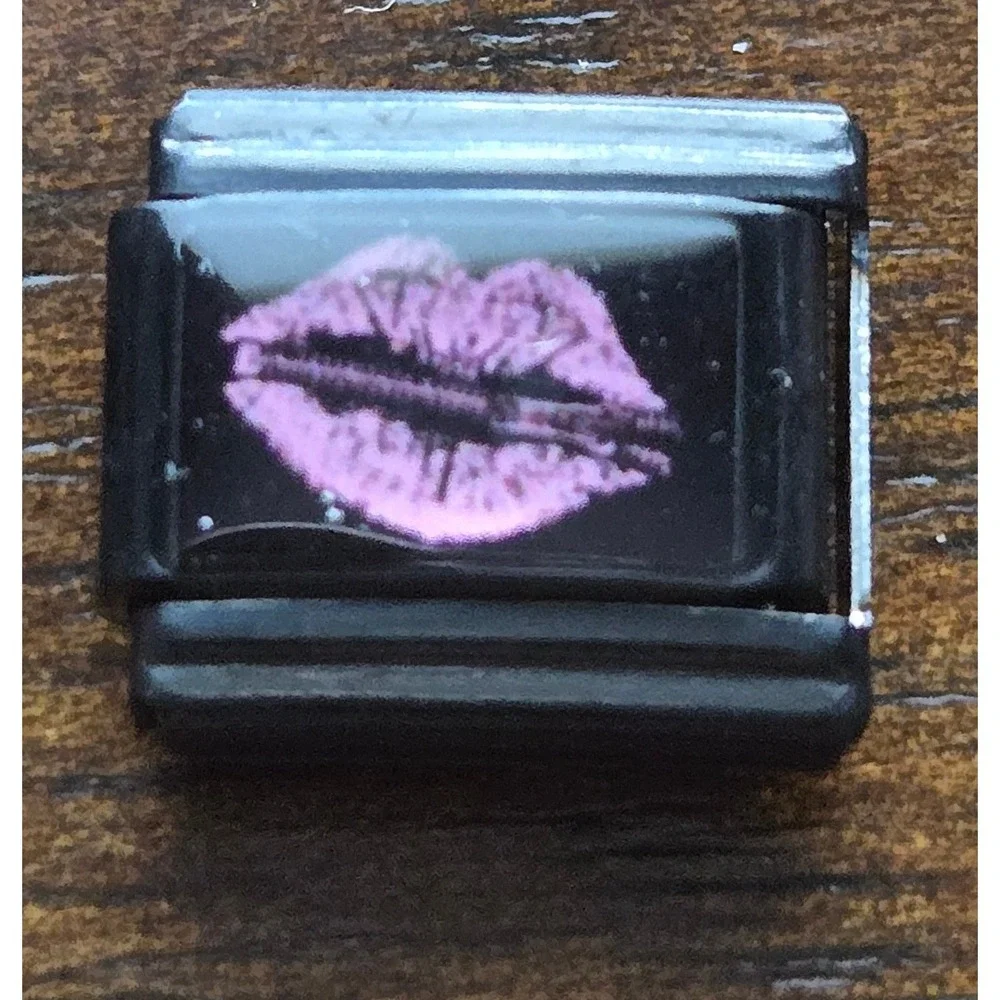 Pink Lips Italian Charm Link Black Stainless Steel 9mm Modular Bracelet Charm